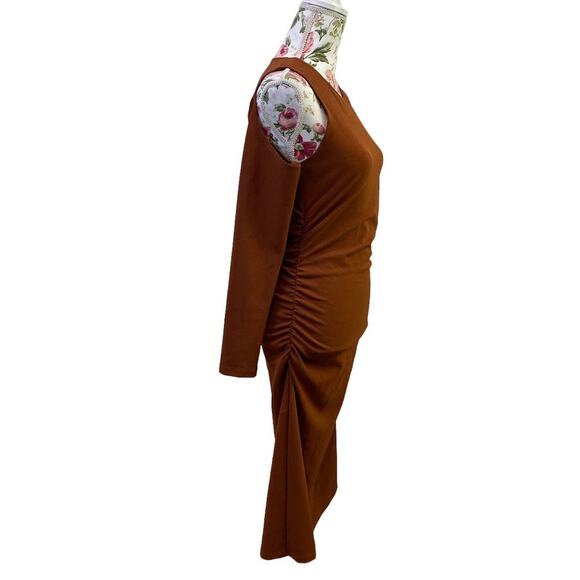 ZARA NWOT Cut Out Rushed Brown Dress Long Sleeve Medium - Picture 6 of 6